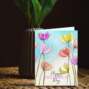 Carte Aquarelle artistique et tulipes d'encre Fête des m