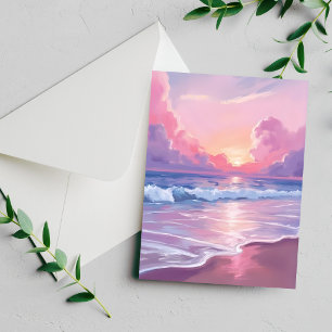 Carte aquarelle aux vagues de l'océan rose pastel