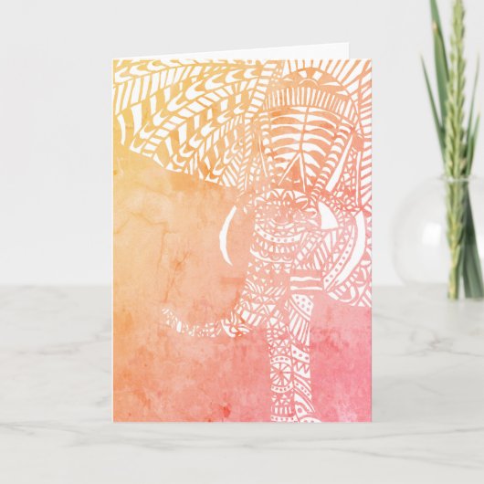 Carte Aquarelle Aztec Elephant Outline rose orange (Devant)