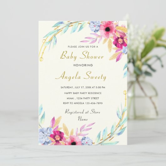 Carte Aquarelle Baby shower Floral Exemple d'invitation (Debout devant)