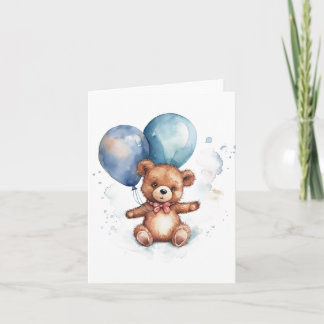 Carte Aquarelle Ballons Bleus Ours Brown Teddy