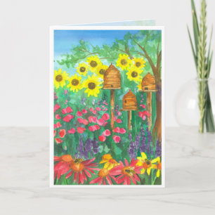 Carte Aquarelle Bee Skep Fleurs de soleil Joyeux anniver