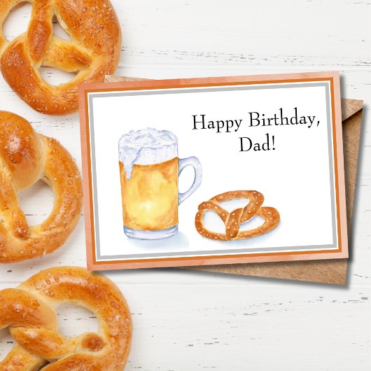 Carte Aquarelle Bière & Pretzel Anniversaire Papa