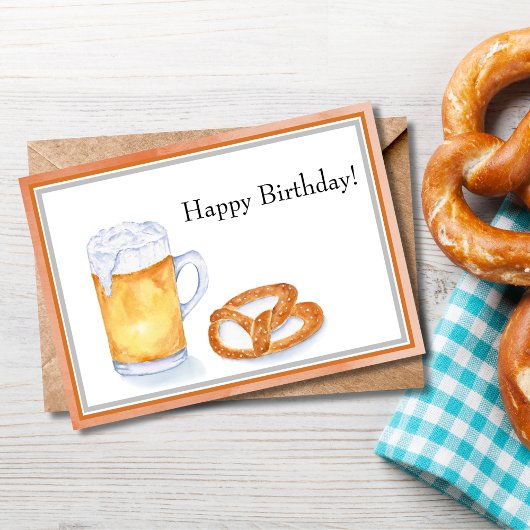 Carte Aquarelle Bière & Pretzel Joyeux anniversaire