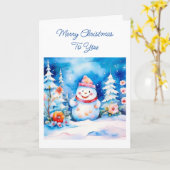 Carte Aquarelle blanche mignonne Noël Snowman (Fleur jaune)