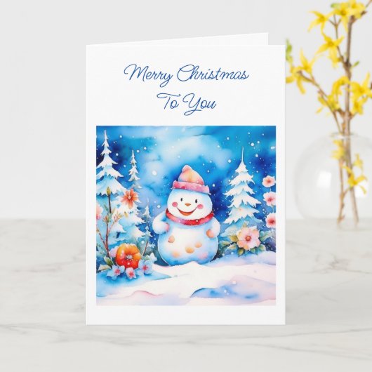 Carte Aquarelle blanche mignonne Noël Snowman (Fleur jaune)