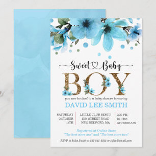 Carte Aquarelle bleu clair et or baby shower garçon