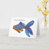 Carte Aquarelle Bleu et Or Poisson Anniversaire (Fleur jaune)