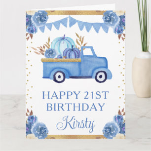 Carte Aquarelle Bleu Floral Citrouille Camion Anniversai