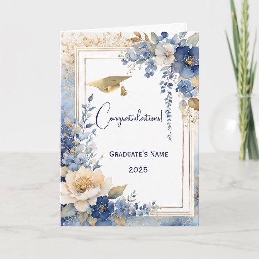 Carte Aquarelle Bleu Floral Graduation personnalisée (Devant)