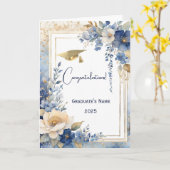 Carte Aquarelle Bleu Floral Graduation personnalisée (Fleur jaune)