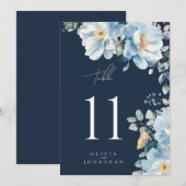 Carte Aquarelle Bleu Hiver Floral Mariage Numéro de tabl (Devant / Derrière)