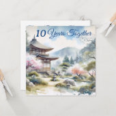 Carte Aquarelle bleu rose cerise en fleur du Japon class (Devant/Arrière en situation)