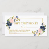 Carte Aquarelle bleu rose Floral Gold Certificat cadeau (Devant)