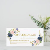 Carte Aquarelle bleu rose Floral Gold Certificat cadeau (Debout devant)