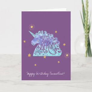 Carte Aquarelle bleu violet licorne