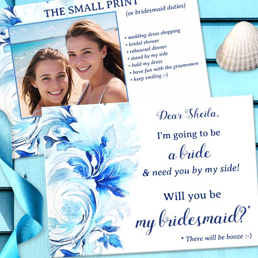 Carte Aquarelle bleue Plage Florale Vagues Bridesmaid
