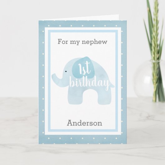 Carte Aquarelle Blue Elephant 1er anniversaire Nephew (Devant)