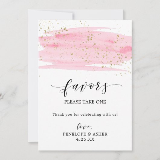 Carte Aquarelle Blush Pink & Gold Sparkles Faveurs Signa (Devant)