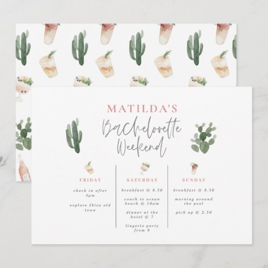 Carte Aquarelle boissons bachelorette week-end itinérair (Devant / Derrière)