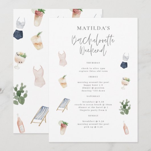 Carte Aquarelle boissons bachelorette week-end itinérair (Devant / Derrière)