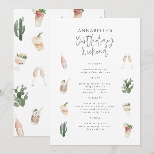 Carte Aquarelle boissons bachelorette week-end itinérair (Devant / Derrière)