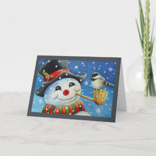 Carte Aquarelle Bonhomme de Neige d'Hiver et Mésange