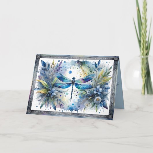 Carte Aquarelle botanique de libellule bleue (Devant)