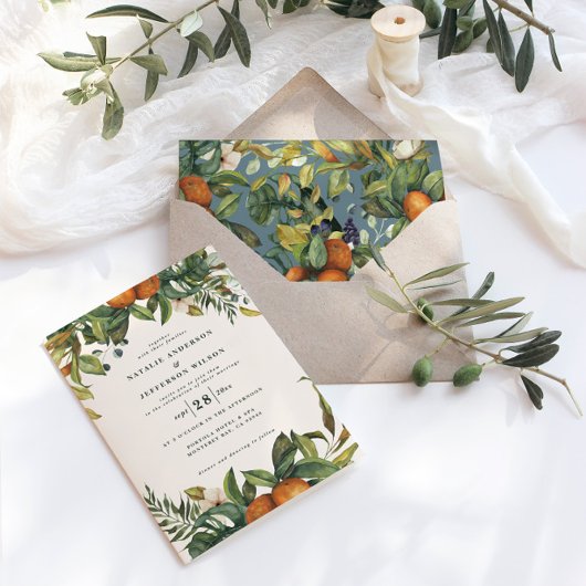 Carte Aquarelle botanique moderne mariage orange agrumes