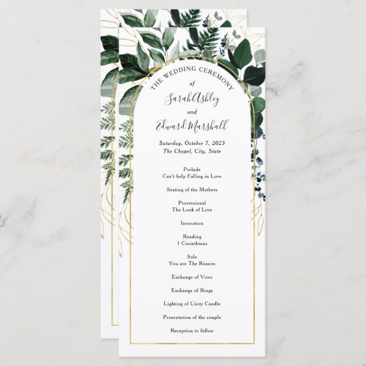 Carte Aquarelle Botanique Vert et arche moderne Programm (Devant / Derrière)