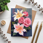 Carte aquarelle bouquet de lys blancs et roses ros