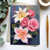 Carte aquarelle bouquet de lys blancs et roses ros