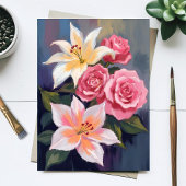 Carte aquarelle bouquet de lys blancs et roses ros