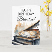 Carte Aquarelle Brown Grand Piano Chat Anniversaire (Fleur jaune)