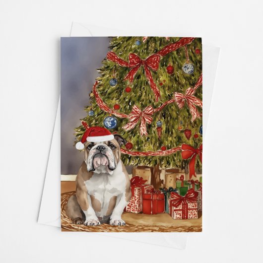 Carte Aquarelle Buldog sous arbre de Noël