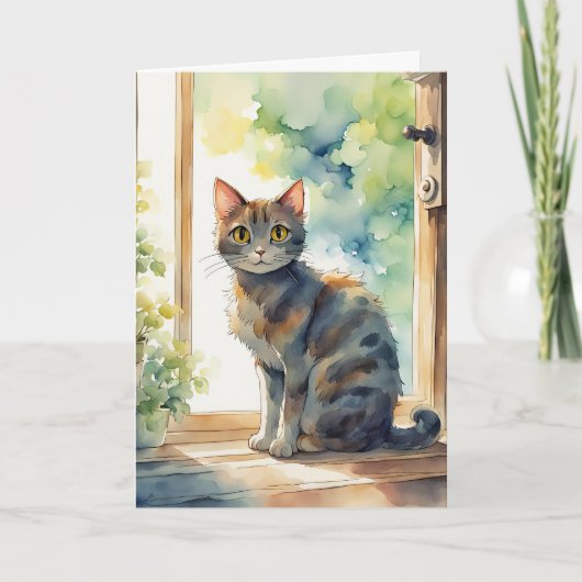 Carte Aquarelle Calico Chat dans la fenêtre (Devant)