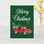 Carte Aquarelle Camion Rouge Joyeux Noël Année Vert (Fleur jaune)