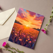 Carte aquarelle champ de fleurs heure dorée couche