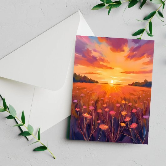 Carte aquarelle champ de fleurs heure dorée couche