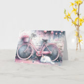 Carte Aquarelle Chat et Vélo rose Anniversaire (Fleur jaune)