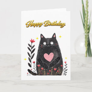 Carte Aquarelle Chat Noir Fleur Rose Anniversaire