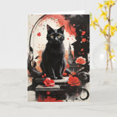 Carte Aquarelle Chat Noir Taches Art Fleurs Blanc  (Fleur jaune)