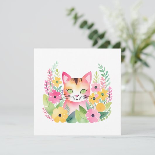 Carte Aquarelle Chat rose et Fleurs d'été (Debout devant)