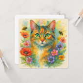 Carte Aquarelle chaton avec fleurs (Devant/Arrière en situation)