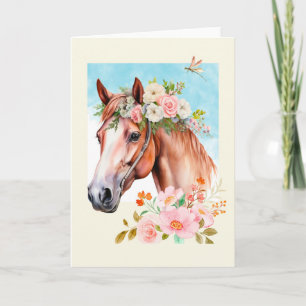 Carte Aquarelle Cheval et Fleurs Salutation