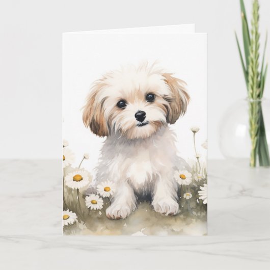 Carte Aquarelle Chien Dans Les Marguerites Pour Annivers (Devant)
