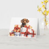 Carte Aquarelle chien derrière les cadeaux de Noël (Fleur jaune)