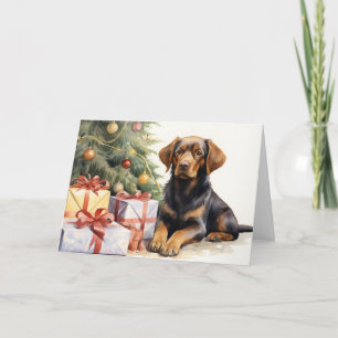 Carte Aquarelle Chien par arbre de Noël