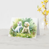 Carte Aquarelle Chiot et Kitten Anniversaire (Fleur jaune)