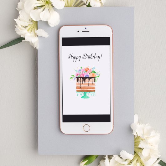 Carte Aquarelle Chocolat Floral Gâteau d'anniversaire